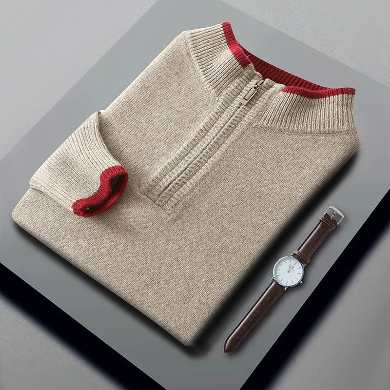 Thickened Mens Wool Sweater With A Color-blocked Mock Neck