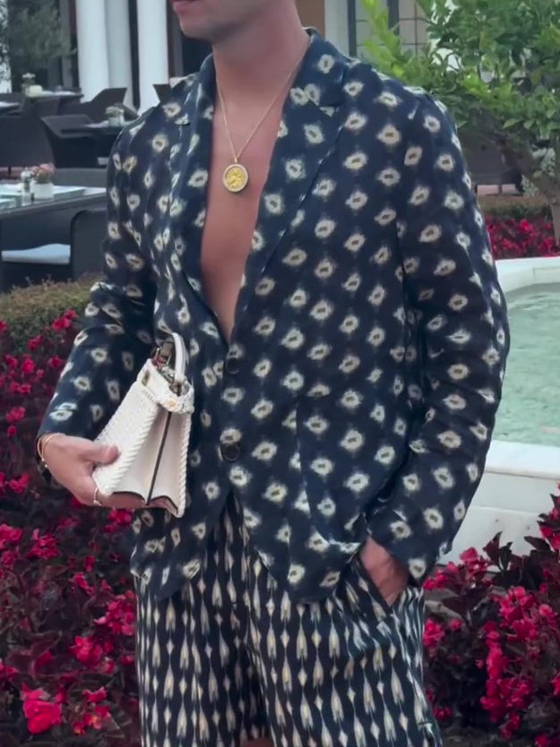 Navy Geometric Print Blazer & Shorts Set