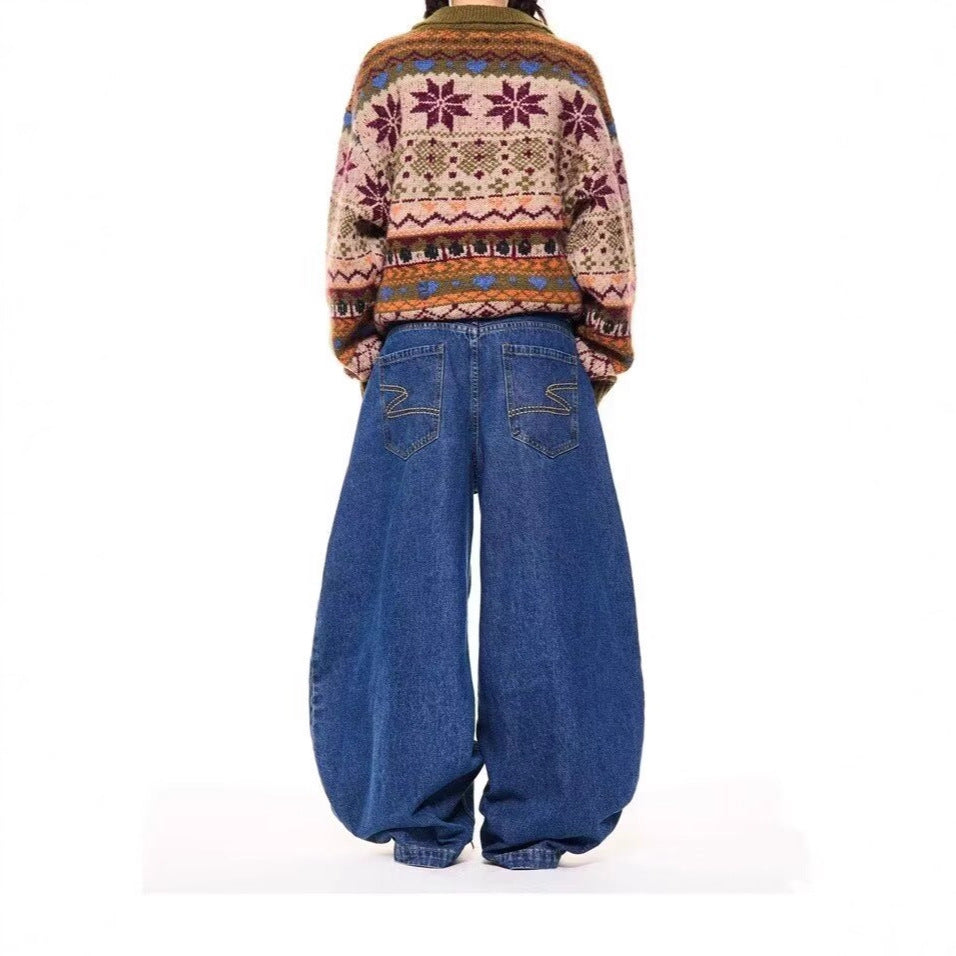 Mens High-Waisted Retro Straight Jeans Summer Wide-Leg Pants