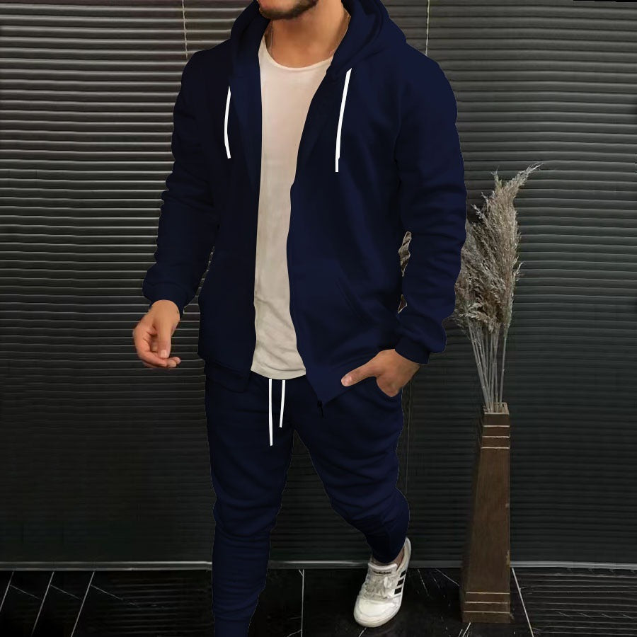 Mens Fashion Solid-Color Casual Hooded Cardigan Set