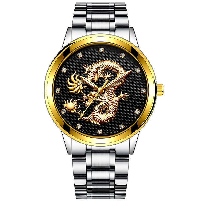 New Men's Embossed Golden Dragon Playing With Beads Diamond-inlaid Casual Business Quartz Watch