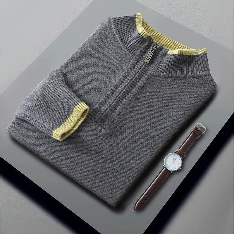 Thickened Mens Wool Sweater With A Color-blocked Mock Neck