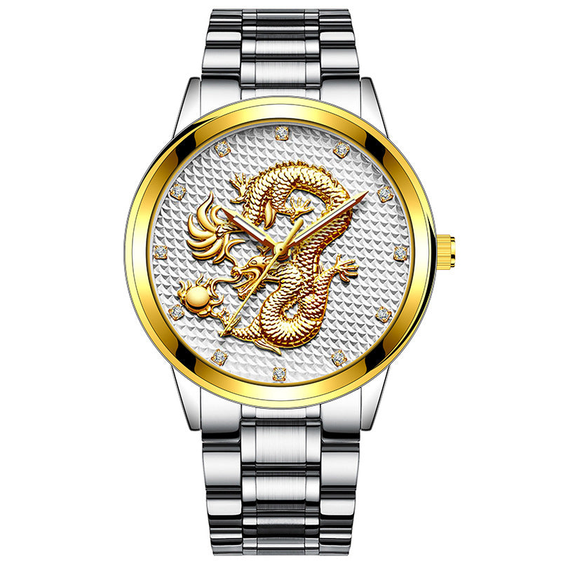New Men's Embossed Golden Dragon Playing With Beads Diamond-inlaid Casual Business Quartz Watch