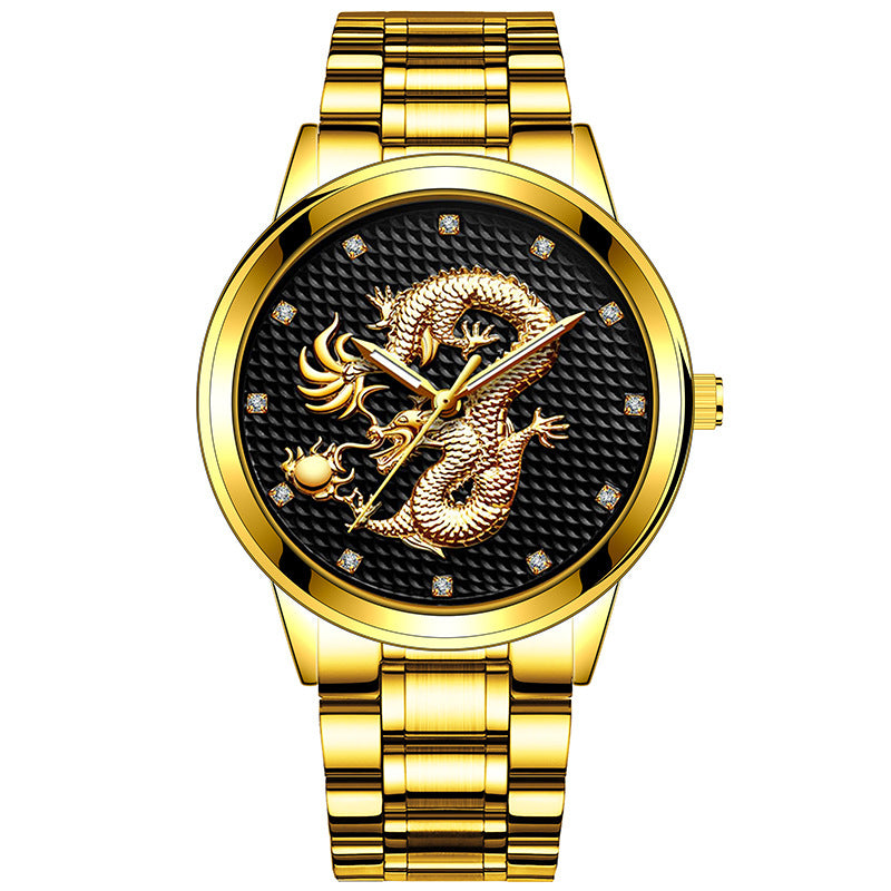 New Men's Embossed Golden Dragon Playing With Beads Diamond-inlaid Casual Business Quartz Watch
