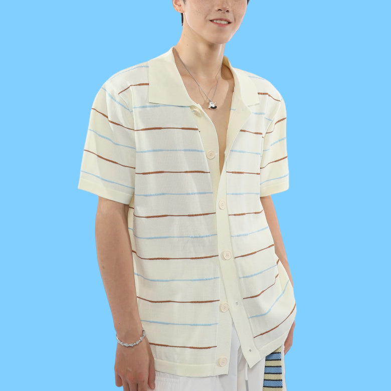 Casual Lapel Striped Short-sleeve Knitted Cardigan POLO Shirt