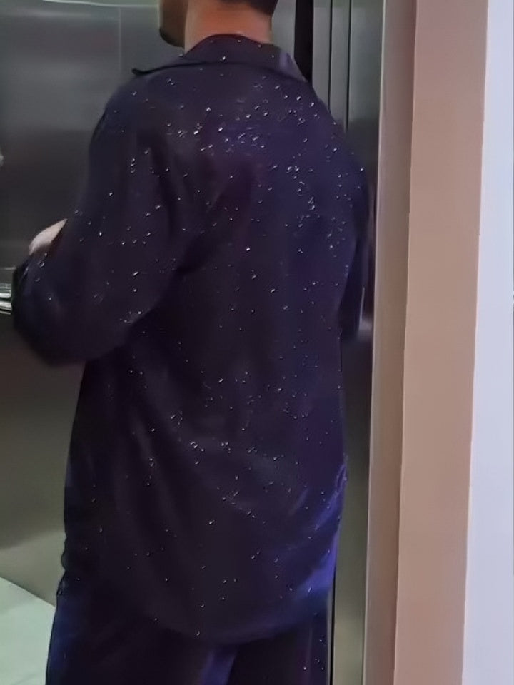 Navy Glitter Oversized Shirt & Wide-Leg Pants Set