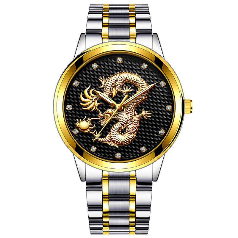 New Men's Embossed Golden Dragon Playing With Beads Diamond-inlaid Casual Business Quartz Watch