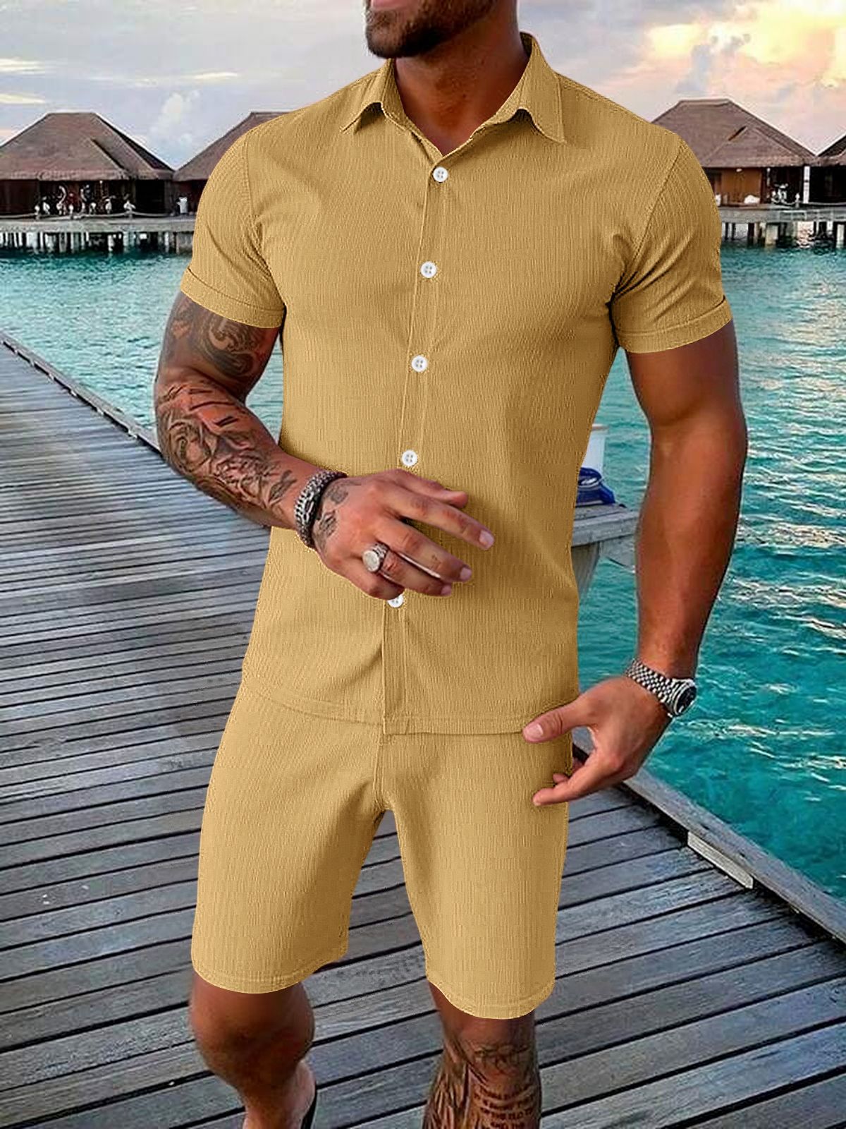 Men's Casual Button-up Short-sleeve Top And Shorts Two-piece Set