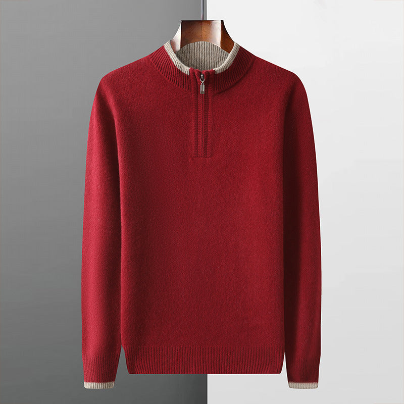 Thickened Mens Wool Sweater With A Color-blocked Mock Neck