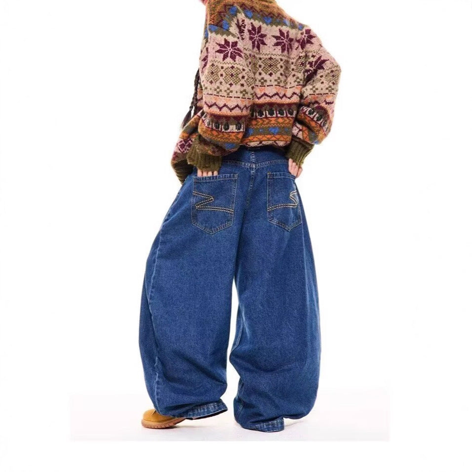 Mens High-Waisted Retro Straight Jeans Summer Wide-Leg Pants