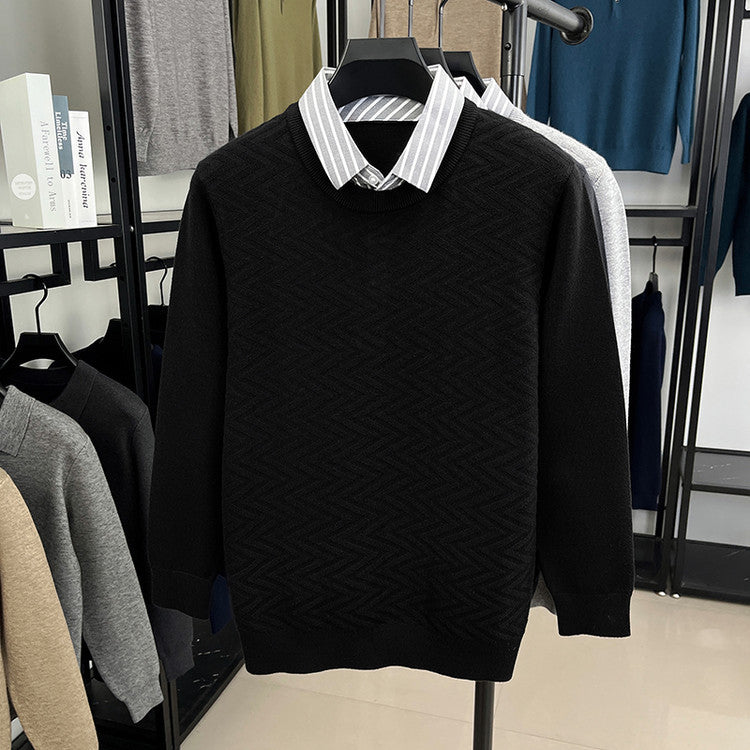 Mens Long-sleeve Casual Mock Two-piece Sweater