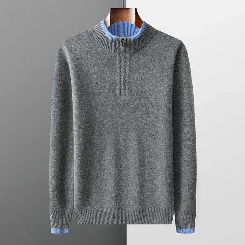 Thickened Mens Wool Sweater With A Color-blocked Mock Neck