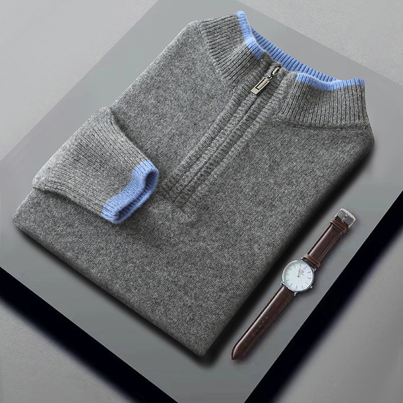 Thickened Mens Wool Sweater With A Color-blocked Mock Neck
