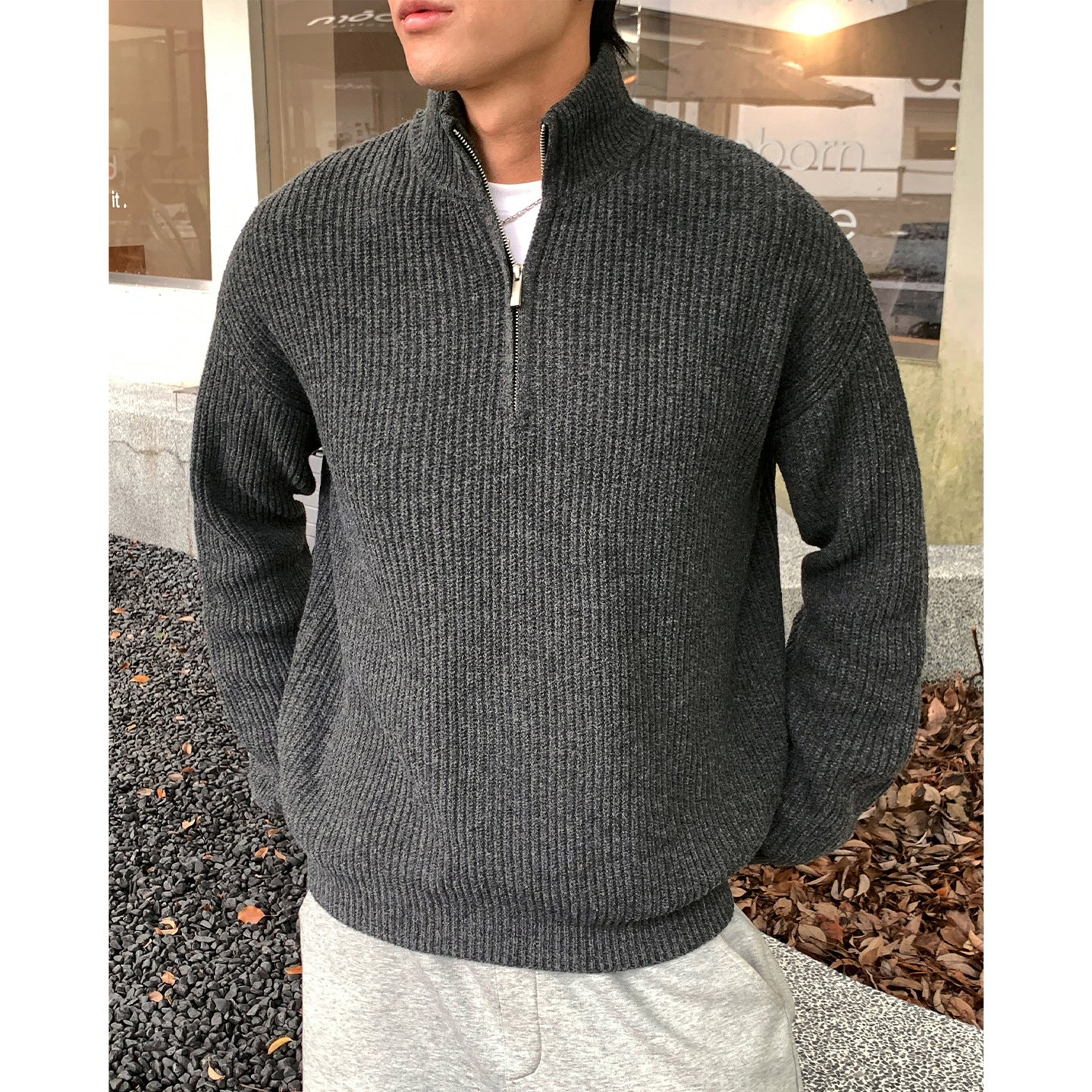 New FallWinter Mens Half-Neck Zip-Up Turtleneck Sweater