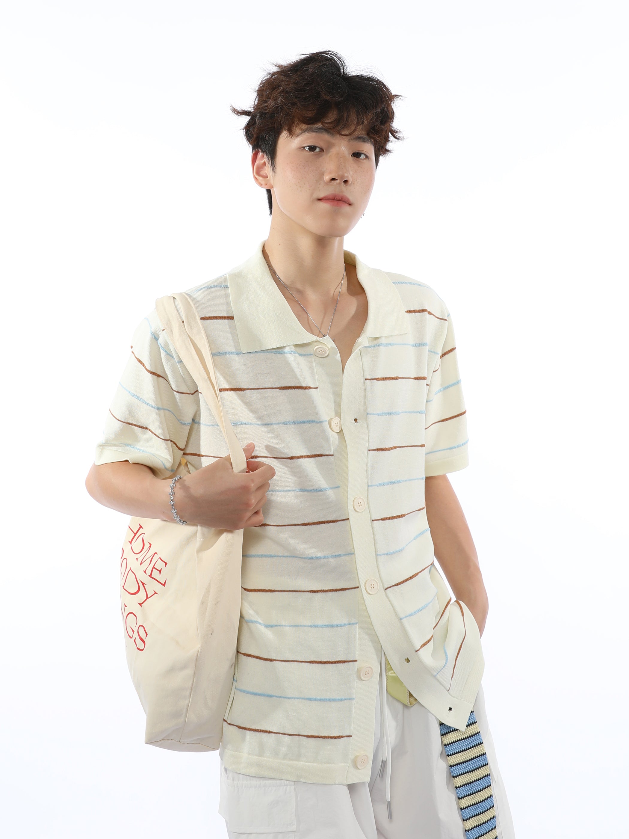 Casual Lapel Striped Short-sleeve Knitted Cardigan POLO Shirt