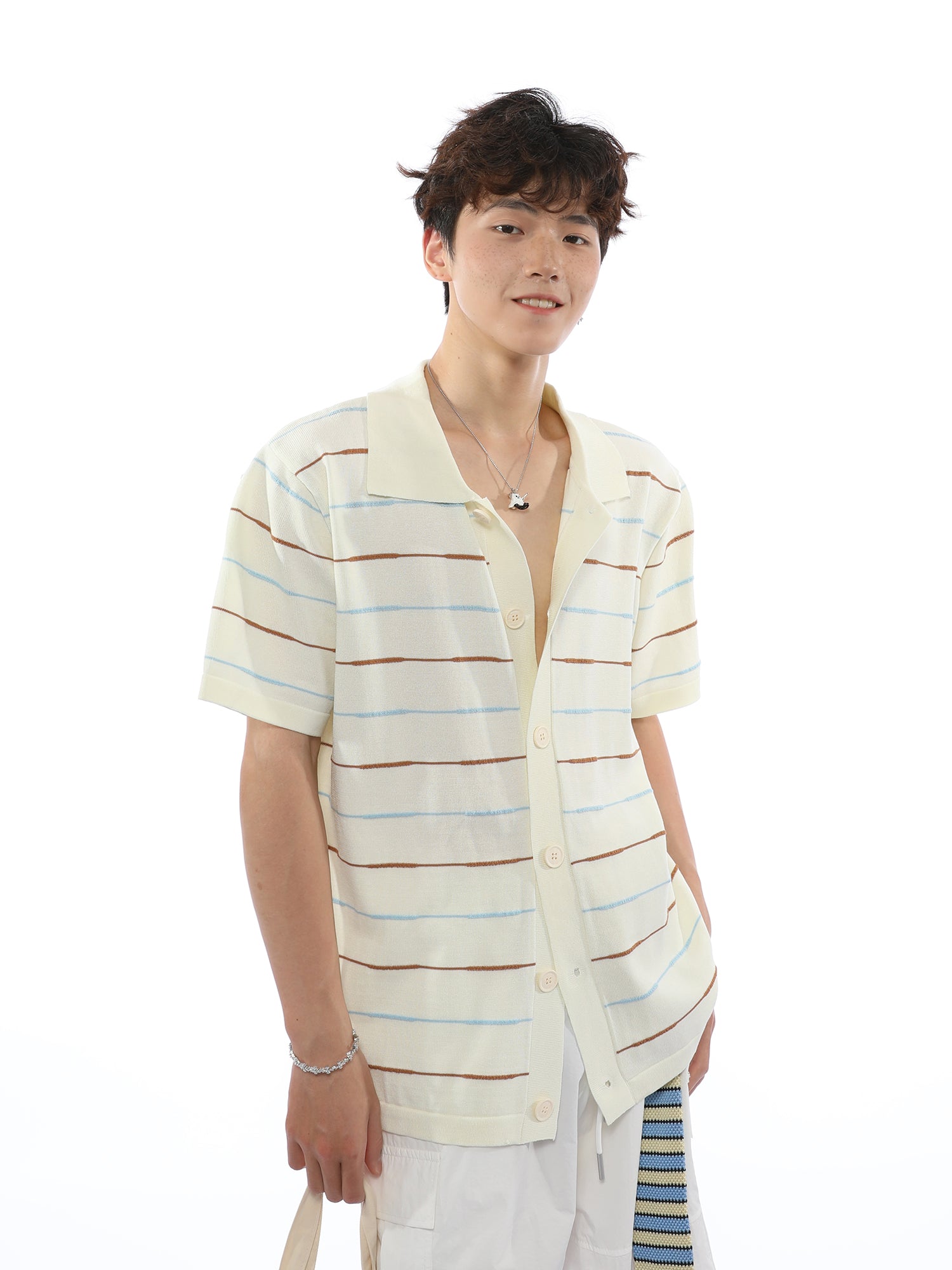 Casual Lapel Striped Short-sleeve Knitted Cardigan POLO Shirt