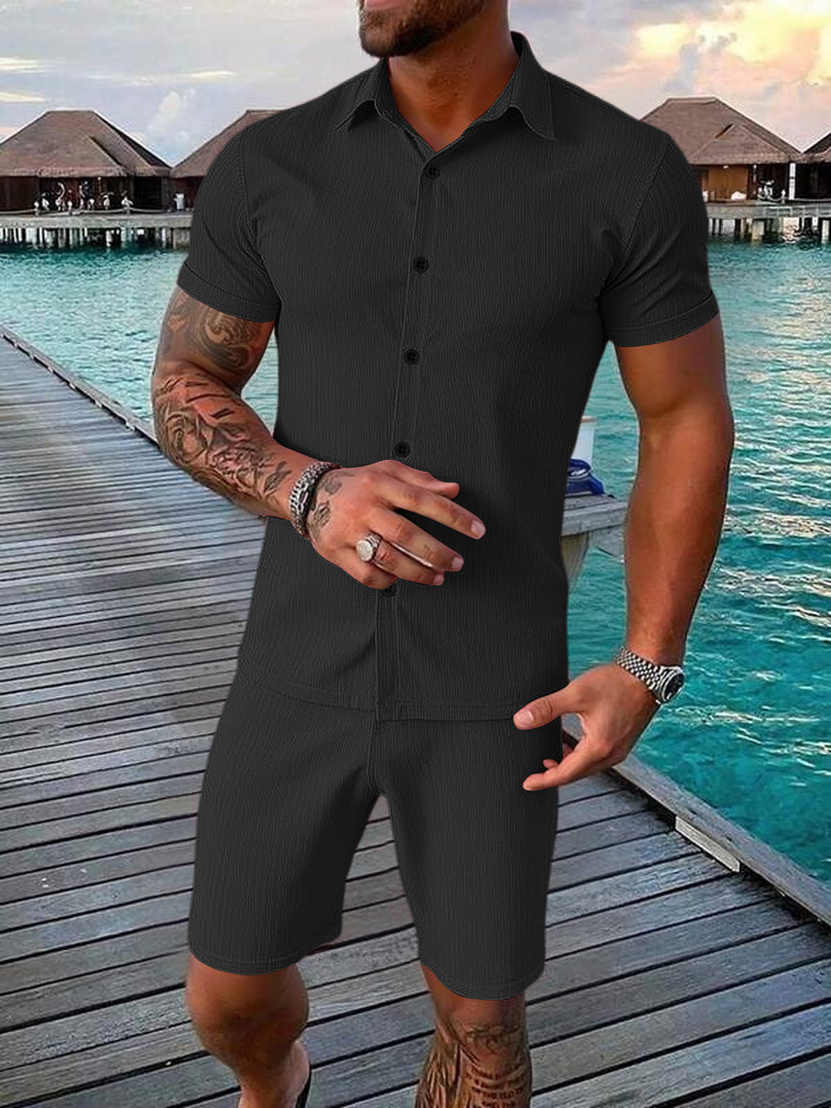 Men's Casual Button-up Short-sleeve Top And Shorts Two-piece Set