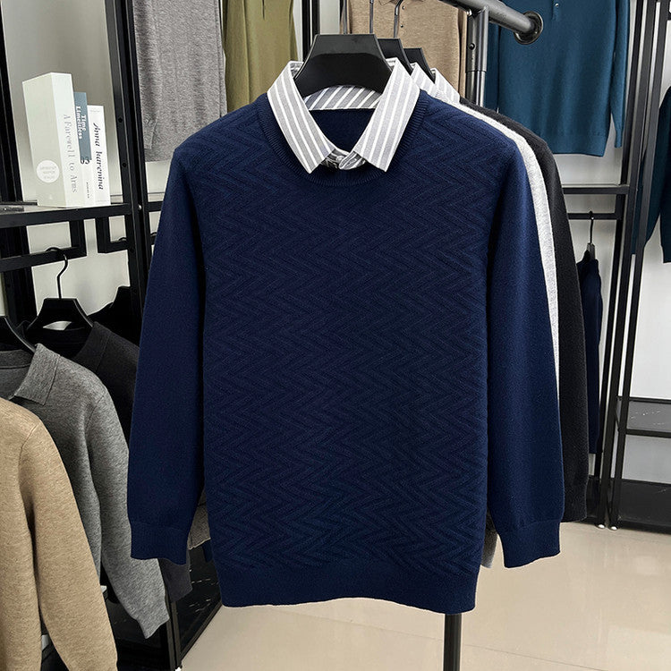 Mens Long-sleeve Casual Mock Two-piece Sweater