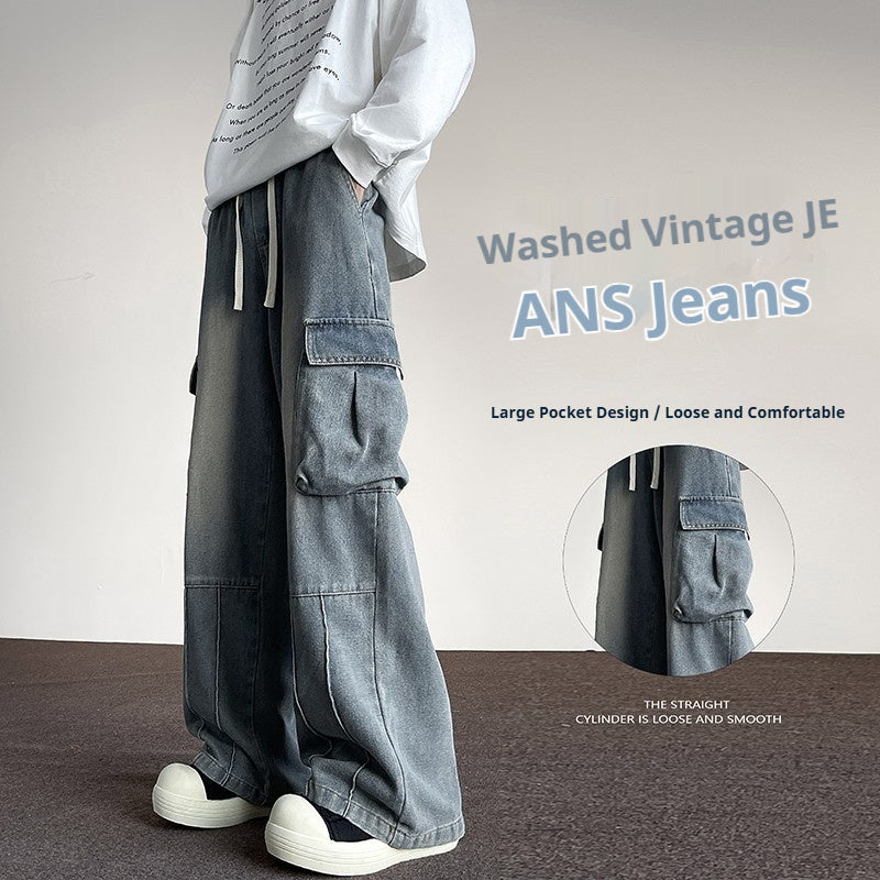 Washed Vintage Denim Men's Versatile Wide-Leg Multi-Pocket Casual Pants