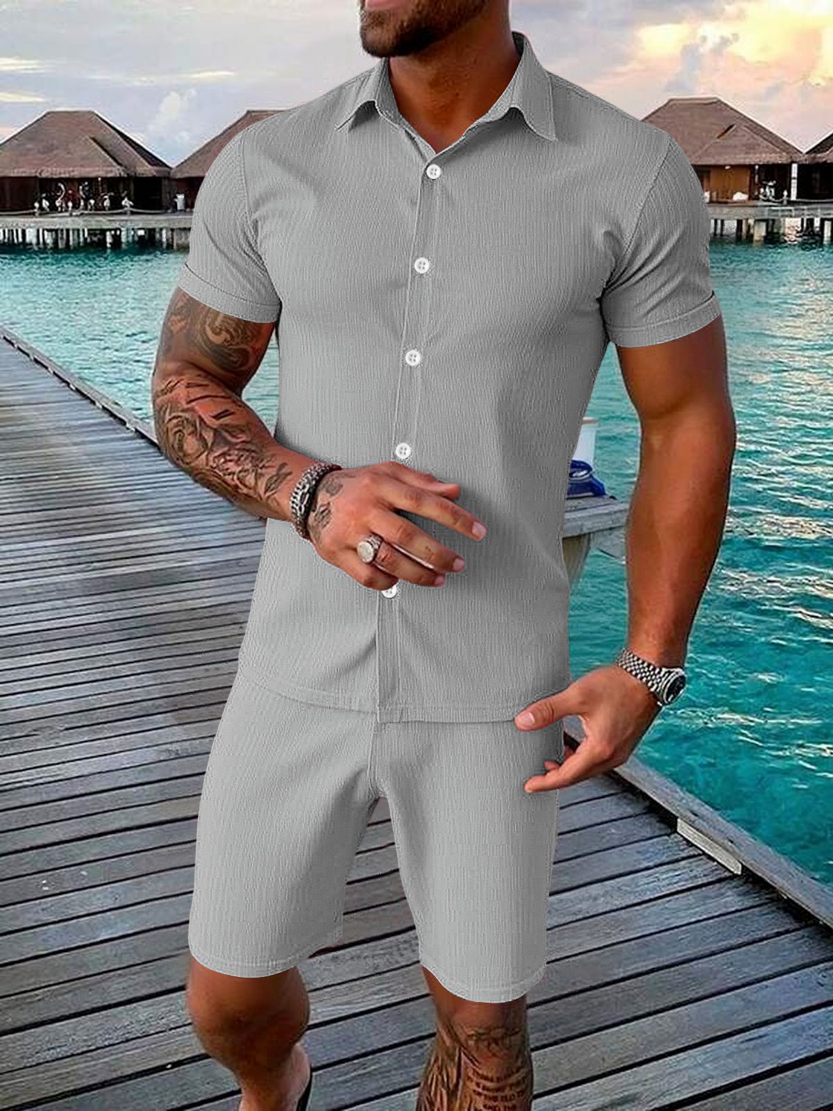 Men's Casual Button-up Short-sleeve Top And Shorts Two-piece Set