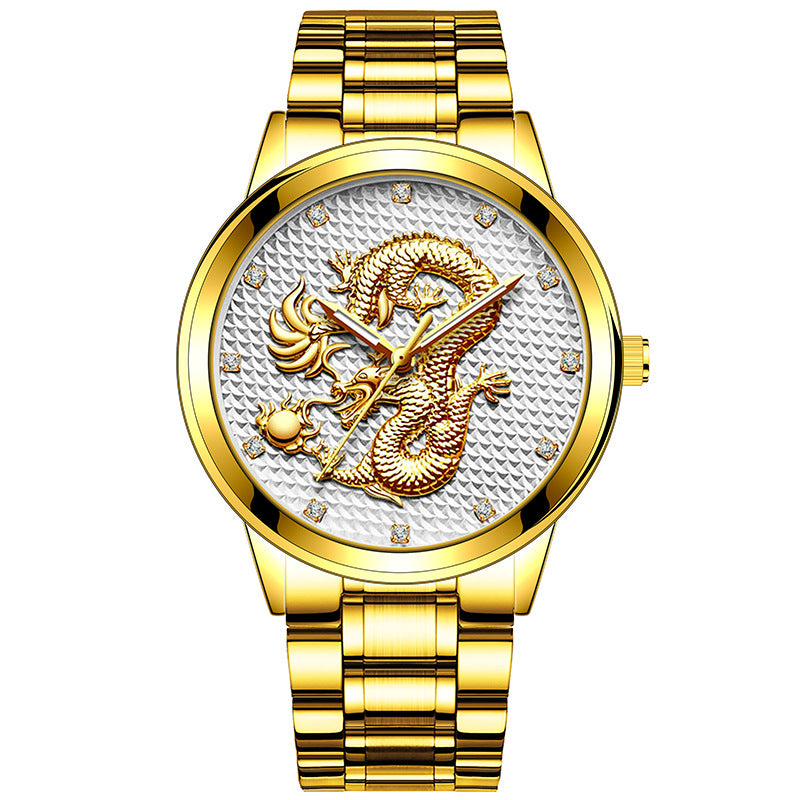 New Men's Embossed Golden Dragon Playing With Beads Diamond-inlaid Casual Business Quartz Watch