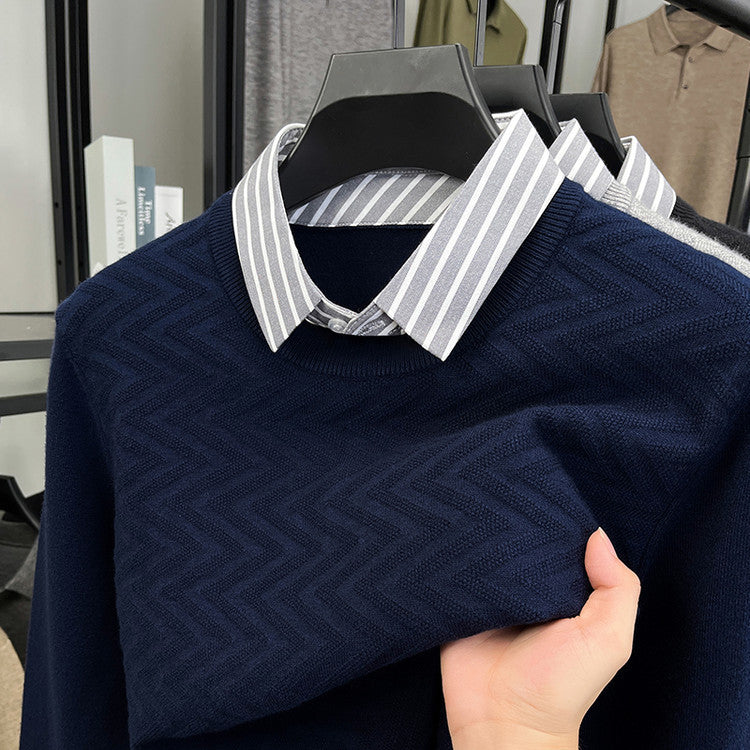 Mens Long-sleeve Casual Mock Two-piece Sweater