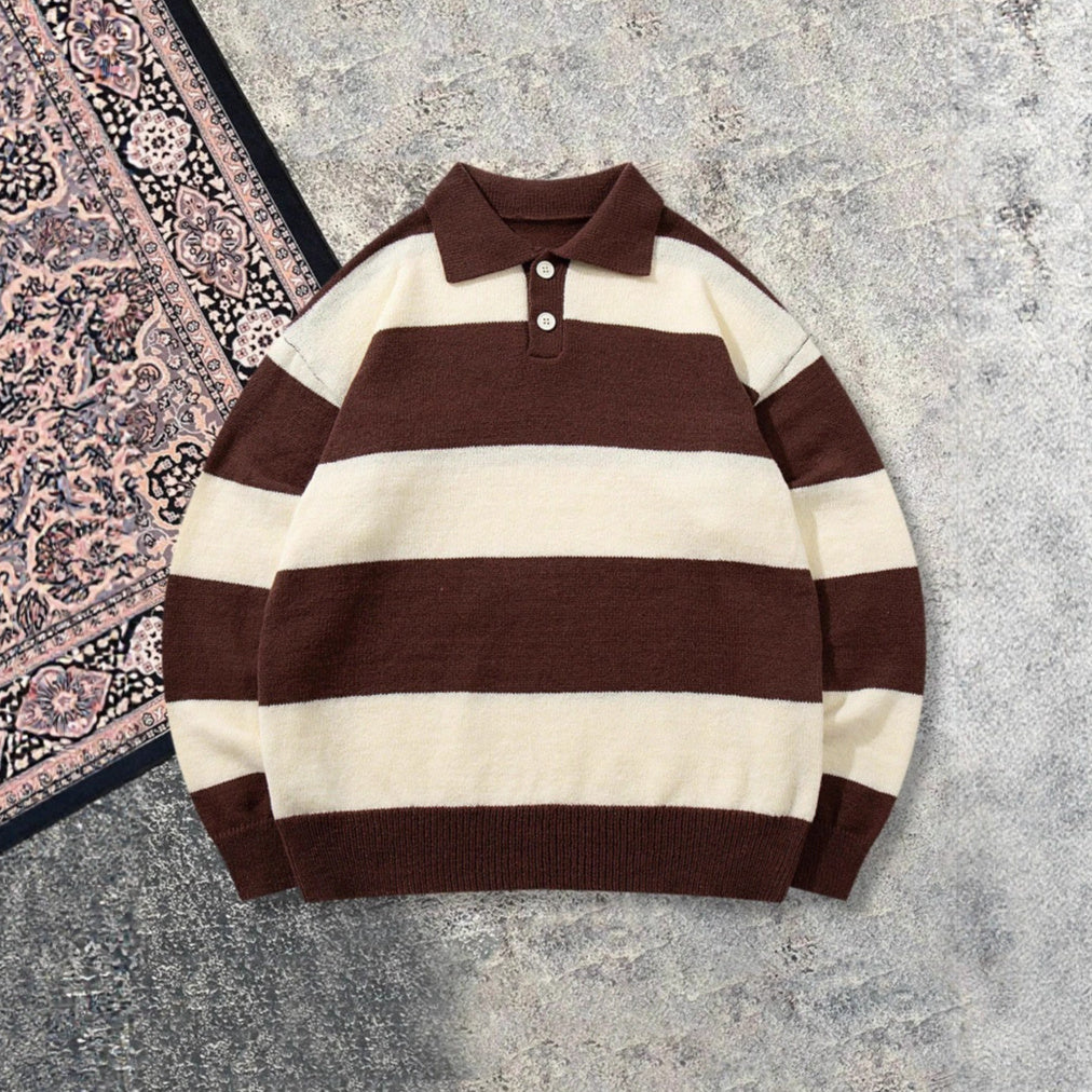 Round-neck Knitted Long-sleeve Thermal Padded Casual Cozy Sweater With Vertical Stripes