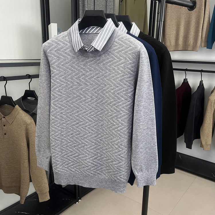 Mens Long-sleeve Casual Mock Two-piece Sweater