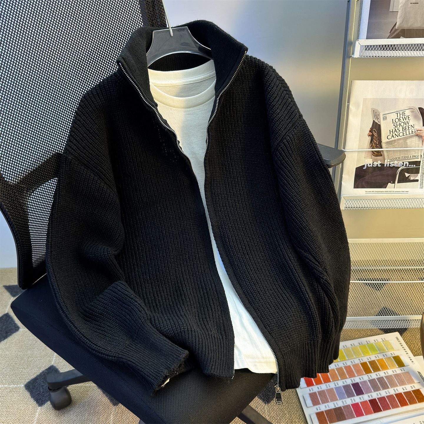 Mens Hip-Hop Retro Zip-Up Knitted Cardigan Warm Sweater