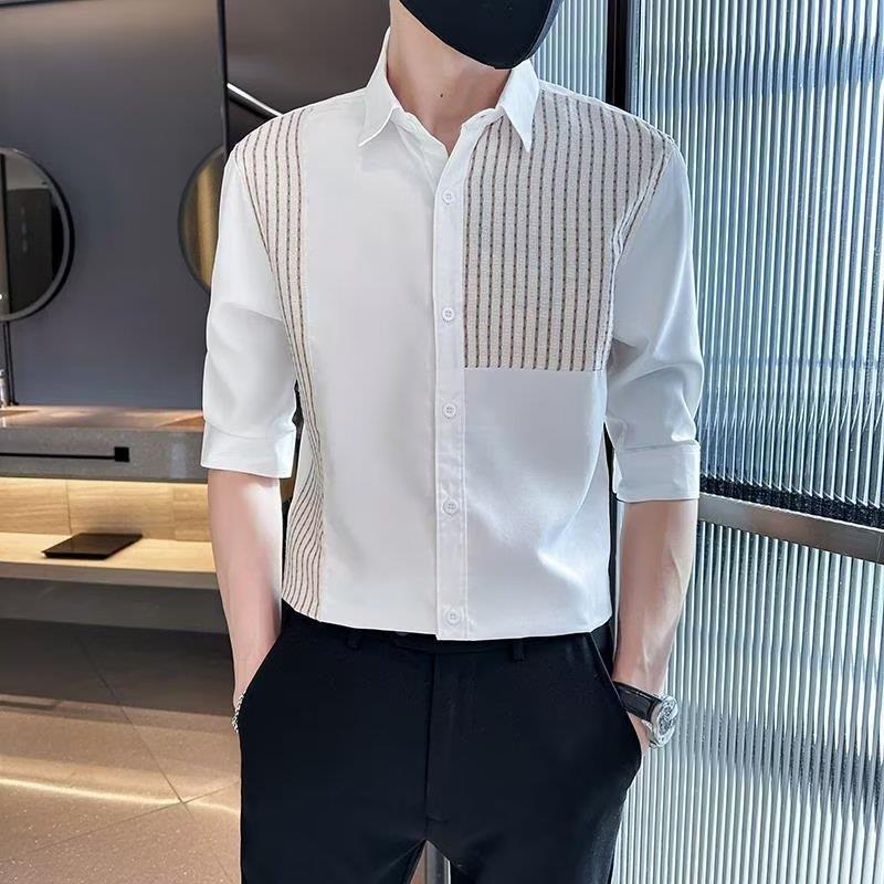 Casual Edgy And Slim-fit Mens Patchwork Striped Shirt
