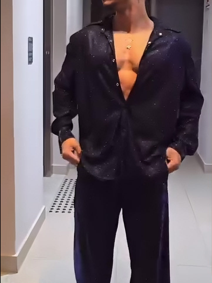 Navy Glitter Oversized Shirt & Wide-Leg Pants Set