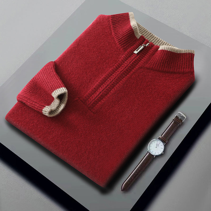 Thickened Mens Wool Sweater With A Color-blocked Mock Neck